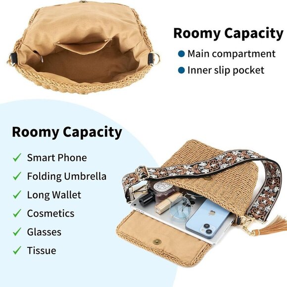 Women's Summer Straw Braided Crossbody Bag with Tassel Chain,Shoulder Straps Wov - Picture 5 of 6